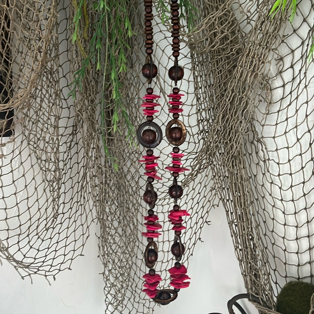 45” long Elegant Brown and Pink wooden Bead Beaded Lei boho Necklace